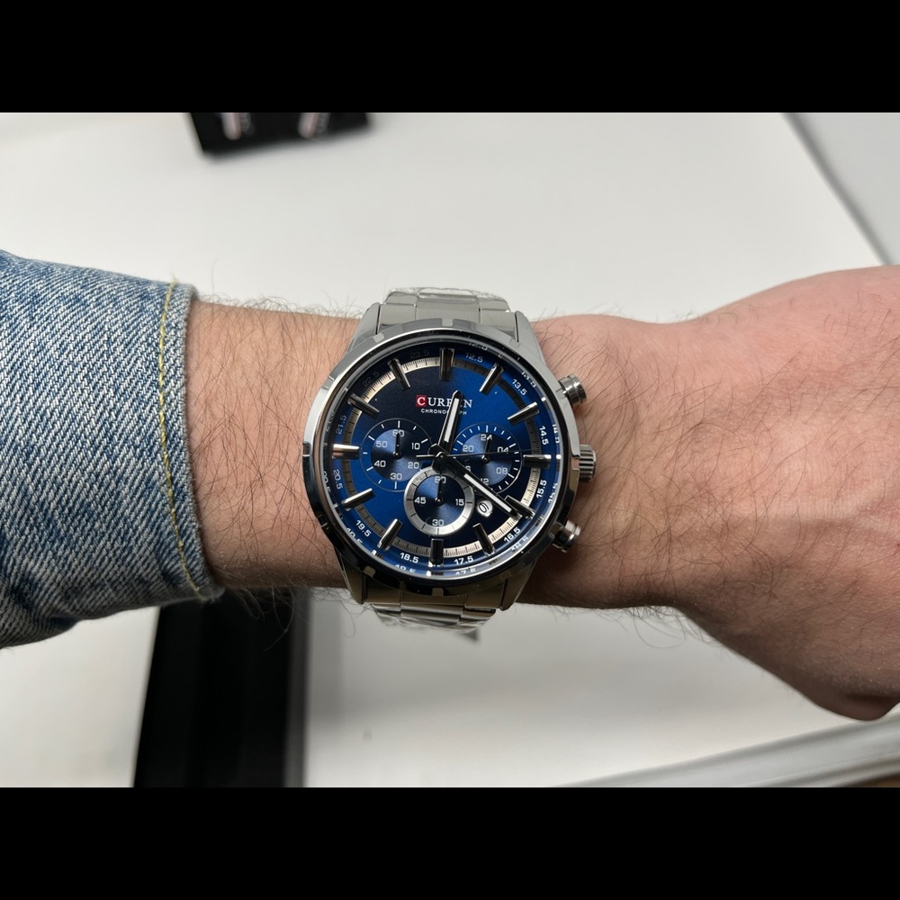Mens silver watch blue dial stainless steel chronograph waterproof